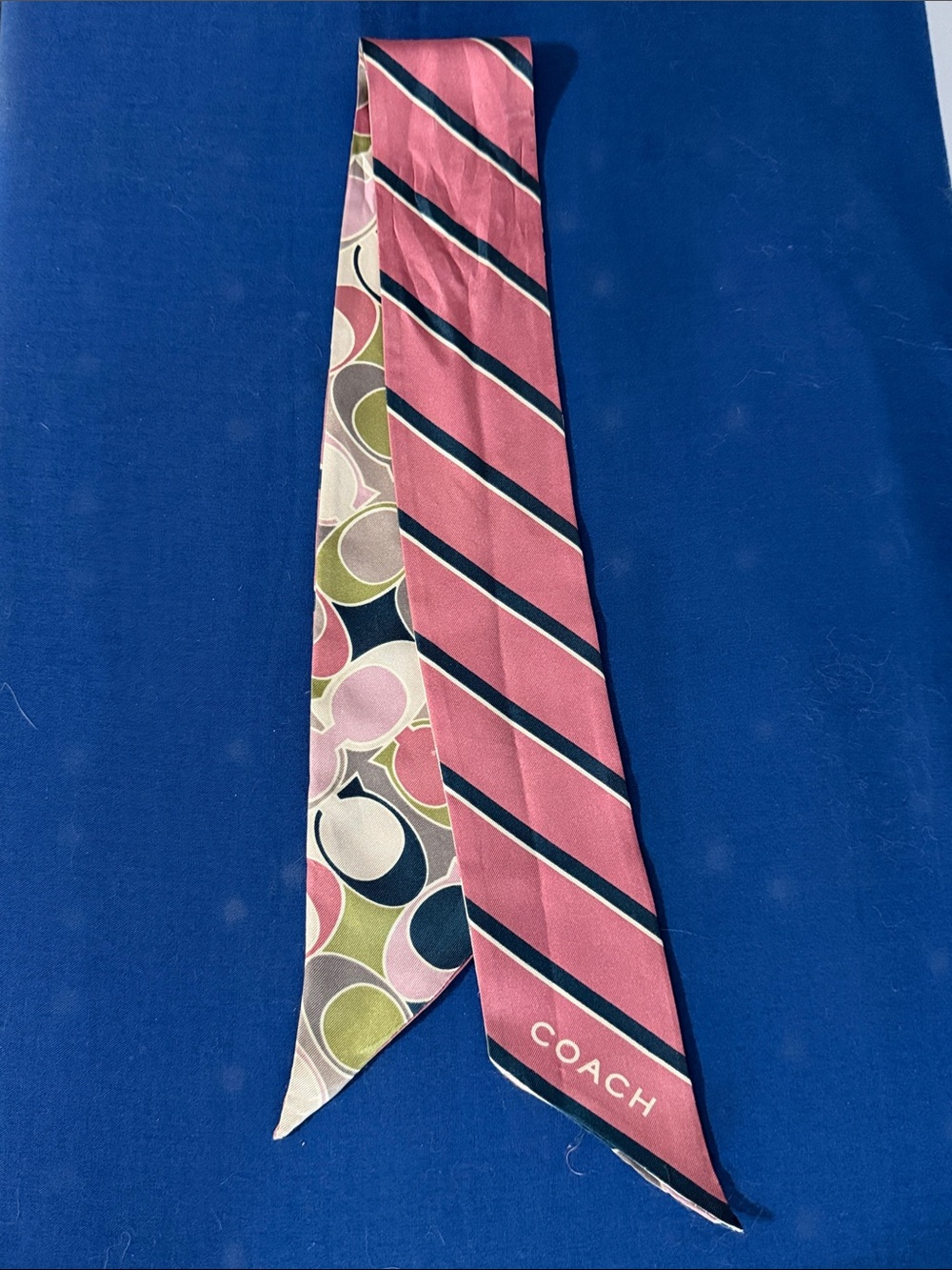 Coach Pink and Navy Striped Silk Twilly with Multicolor Coach Pattern